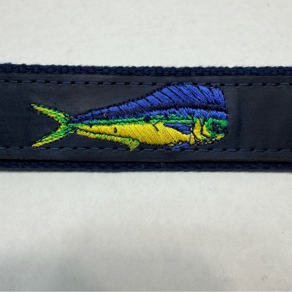 ZEPPELIN Blue Mahi-MahiFish Leather Canvas Belt Brass Buckle Made in USA Mens 34 - Picture 2 of 11